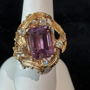 14 kt Yellow Gold Diamond & Amethyst Custom Designed Ring SZ: 8